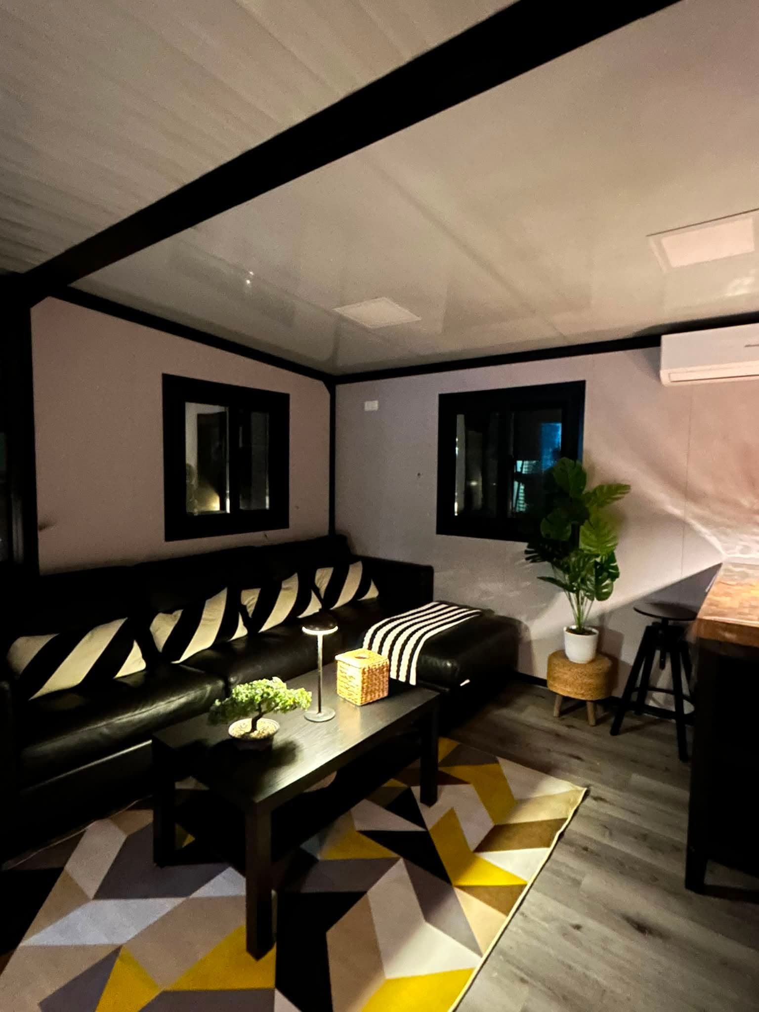 Living room in the evening with warm lighting